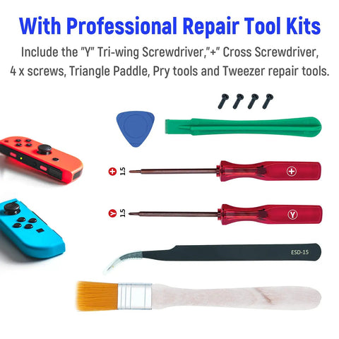 Ultimate 18 In 1 Joy Con Repair Kit For Nintendo Switch Not For Switch 2 with screwdrivers, tools, and parts displayed.