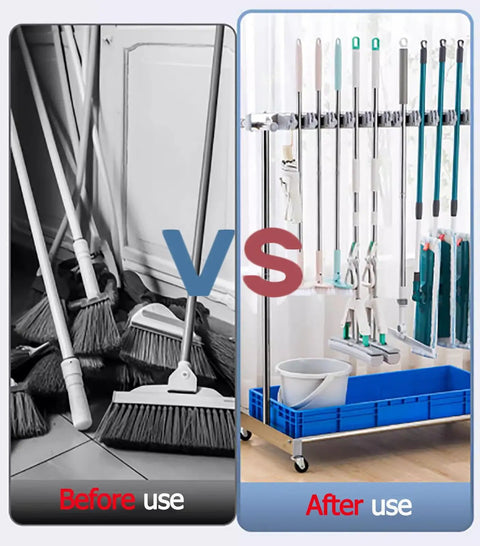 Comparison of disorganized brooms vs a Rolling Mop And Broom Cart With Industrial Steel Build, showing organized tools on the cart.