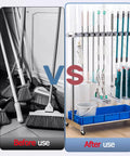 Before and after use of Heavy Duty Stainless Steel Cleaning Supplies Organizer Rack With No Slip Mop Holder Waterproof Wall Mount