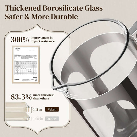 Thickened borosilicate glass carafe from French Press Coffee Maker 34 Ounce Plastic Free Brewing Surface With Thickened Glass And Stainless Steel