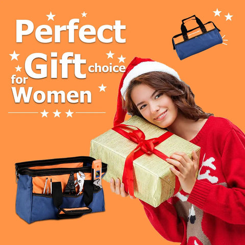 Woman holding gift box next to Awesome 188-Piece Home Tool Kit with Blue 14-Inch Tool Bag, orange and blue design visible
