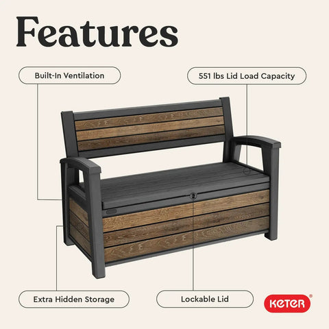 60 Gallon Storage Bench Deck Box For Patio And Outdoor Hangouts In Walnut Finish, featuring built-in ventilation and lockable lid.