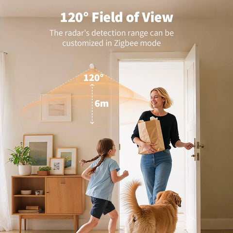 AI Powered 5 In 1 Presence Sensor With 60GHz MmWave And PIR Motion Detection installed in a home with 120-degree field of view