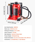 20 Ton Air Hydraulic Bottle Jack with Pneumatic and Manual Operation, heavy duty, red, dimensions and main materials listed