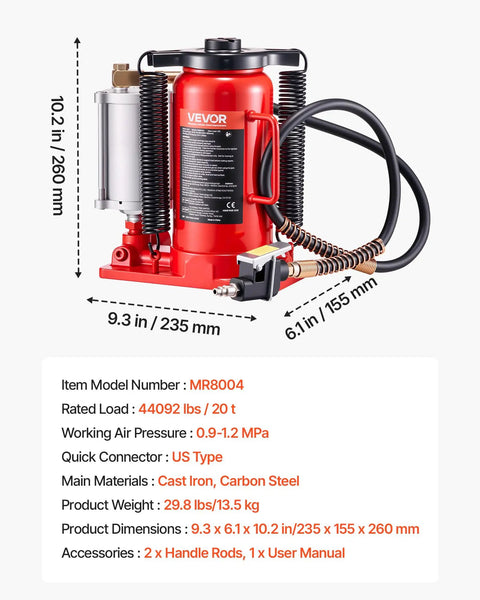 20 Ton Air Hydraulic Bottle Jack with Pneumatic and Manual Operation, heavy duty, red, dimensions and main materials listed