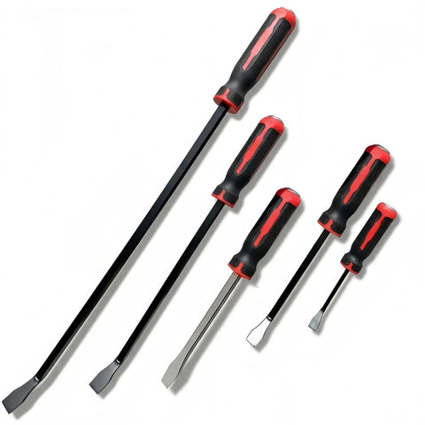 Beefy Heavy Duty Pry Bar Set With Angled And Straight Heads Including 8 Inch, 12 Inch, 18 Inch, And 24 Inch Crowbars, Chrome Vanadium Steel.