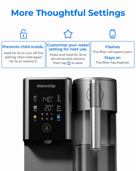 Close-up of Mineral Rich A2G Countertop Reverse Osmosis System With Hot And Cold Water On Tap, showing digital display and tap handle.