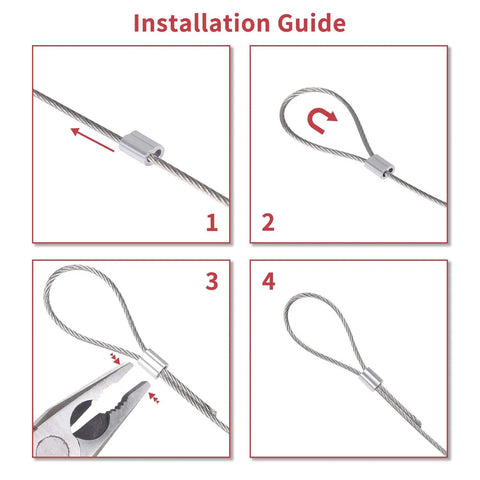 Installation guide for Heavy Duty Stainless Steel Picture Hanging Wire, 50lb Capacity, 100 Feet With Aluminum Crimping Sleeves