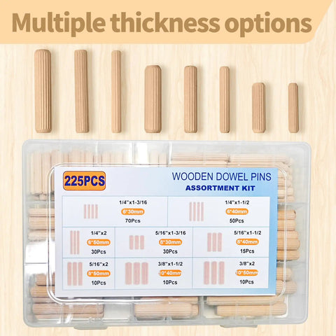 Eight Size Fluted Wooden Dowels 225 Pieces In Quarter, Five Sixteenths, And Three Eighths Diameters for woodworking projects