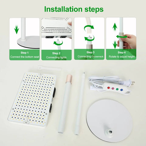 Installation steps for Boss Tabletop Grow Light For Seed Starting Bonsai And Succulents, 25W Desk Plant Light components shown