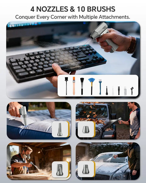 Person using a Powerful Cordless Air Duster With LED Display And Brushless Motor 150000 RPM 4 Gear Turbo Blower on a keyboard.