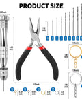 Front view of Must Have All In One Hand Drill Kit For Jewelry And Keychain Making With Pin Vise 222 Piece Set Includes Drill Bits 0.8 To 3 Millimeter Pliers Jump Rings Chains Screw Eye Pins And Key Rings LEOBRO showing tools and key rings with sizes.