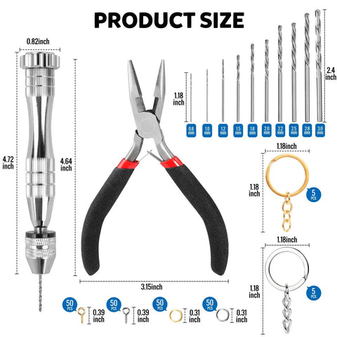 Front view of Must Have All In One Hand Drill Kit For Jewelry And Keychain Making With Pin Vise 222 Piece Set Includes Drill Bits 0.8 To 3 Millimeter Pliers Jump Rings Chains Screw Eye Pins And Key Rings LEOBRO showing tools and key rings with sizes.
