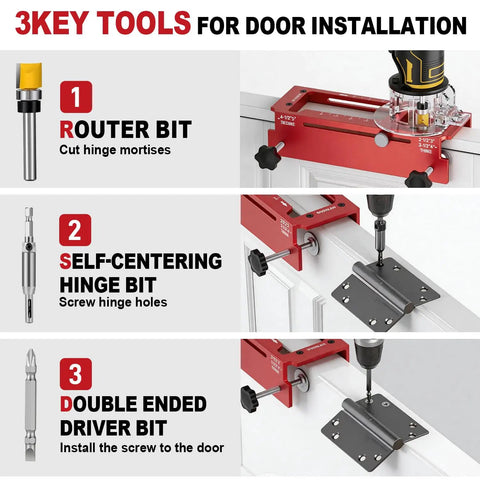 Top Shelf Door Hinge Mortise Jig And Lock Installation Kit For Interior Wood Doors tools for door installation with drill bits and router.