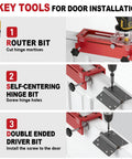 Premium Slick No Hassle Door Hinge Mortise Jig And Knockout Door Lock Installation Kit tools diagram for router and hinge installation.