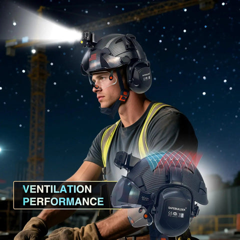 Built Tough Hard Hat With Integrated Headlamp For All Day Comfort And Visor, Ventilated Adjustable Ear Muffs, Six Point Suspension