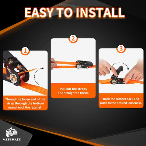 Installation steps for Heavy Duty Ratchet Tie Down Straps 4 Pack One Inch By Fifteen Feet With Rubber Grip Buckles and Soft Loop Hooks.