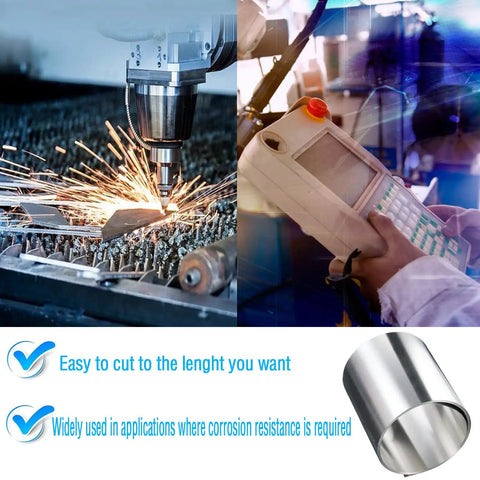 Premium 304 Stainless Steel Shim Stock Roll In Full Hard Temper, 50 Inch Long, 6 Inch Wide, 0.003 Inch Thick, shown in precision machining environment.