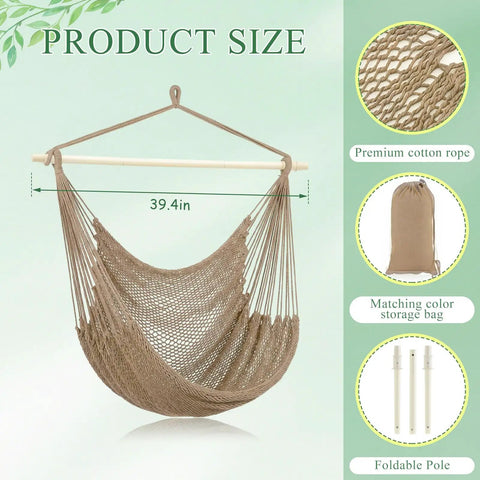 Two Piece Hanging Hammock Chair Set Boho Swing For Indoor Outdoor Chill Vibe Ultra Soft Cotton Rope Weaving Includes 40 Inch Detachable Metal Bars Solid 270lb Capacity Brown. View of one hammock chair with foldable pole and accessory details.