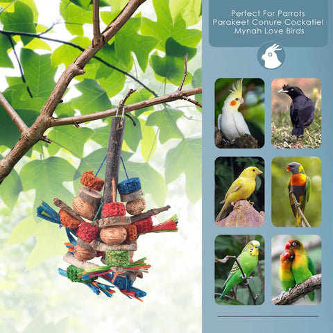 Hella Tough Parrot Chew Toys Crafted From Natural Wood Hemp Rope Corn Cob And Sweet Treat Nuts For Big Time Foraging Fun In Conure Cockatoo Parakeet Budgie Cage, colorful hanging toy with wood and nut elements.