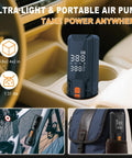 Portable Tire Inflator Cordless Air Pump With Auto Shut Off And 150 PSI Capacity in car cup holder and backpack