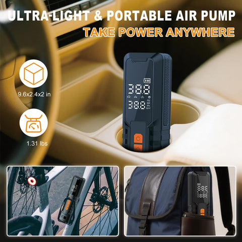 Portable Tire Inflator Cordless Air Pump With Auto Shut Off And 150 PSI Capacity in car cup holder and backpack