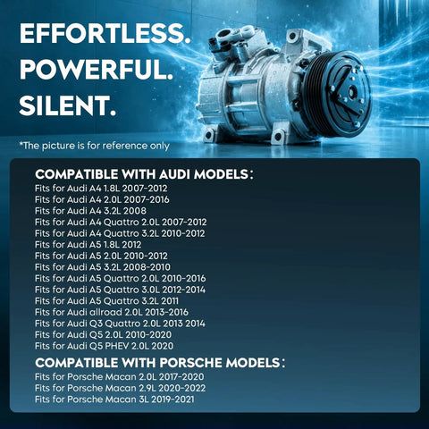 Keep Your Sweet Ride Chillin Smooth With This Hella Durable Ac Air Conditioner Compressor And Clutch Kit For Audi A4 A5 Quattro 2.0L And 3.2L Vehicles 2007 Through 2016, product details and compatibility chart.