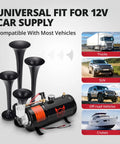 Badass 12V Four Trumpet Train Air Horn Kit With Compact Three Liter Air Tank And High Output Compressor Rig Upgrade for trucks and SUVs.