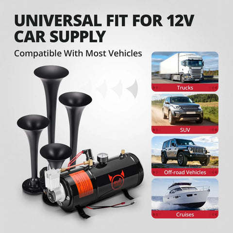 Badass 12V Four Trumpet Train Air Horn Kit With Compact Three Liter Air Tank And High Output Compressor Rig Upgrade for trucks and SUVs.