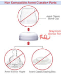 Non-compatible Avent Classic parts diagram showing Maymom Screw Ring for baby bottles, highlighting incompatible components.