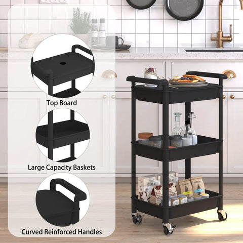 Black Three Tier Rolling Cart With Lockable Casters And Covered Top Board in a kitchen setting showcasing its storage capability.