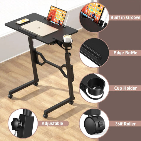 Small Standing Desk On Wheels For Treadmill Workouts with adjustable height, built-in grooves, cup holder, and rollers.