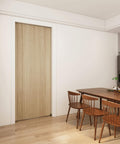 Installed Six Foot Pocket Door Kit With Commercial Grade Sliding Hardware, wood door in living space, black aluminum box track