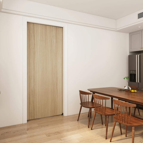 Installed Six Foot Pocket Door Kit With Commercial Grade Sliding Hardware, wood door in living space, black aluminum box track
