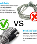 Comparison of steel cable vs Off Road Ready Synthetic Winch Rope Kit One Quarter Inch By Fifty Feet 10000 Lbs.