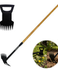 60 Inch Wooden Handle 2 In 1 Weed Uprooting Tool With 7 Tooth Garden Hoe on grass, showing rake and hoe feature