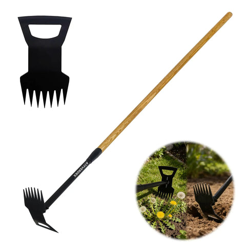 60 Inch Wooden Handle 2 In 1 Weed Uprooting Tool With 7 Tooth Garden Hoe on grass, showing rake and hoe feature