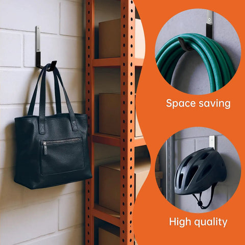 Heavy Duty Steel Hooks For Garage Storage And Tool Organization, Anti Slip PVC Coated Wall Mount Hooks in use with bag and hose