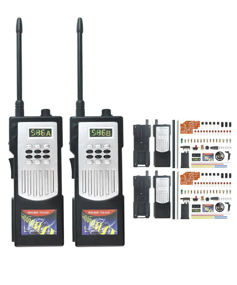 Dual walkie talkies and circuit components from Walkie Talkie Soldering Practice Kit With Interactive Circuit Board And 104 Parts For Beginners