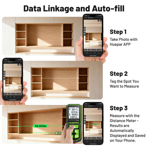 Bluetooth Green Laser Measuring Tool With 395 Ft Range S120-G-BT, No Fuss Smart App Control For Quick Measurements, Instant Phone Sync, Group Data Access, Annotated Photos, And Easy Sketching. App measuring built-in cabinet layout
