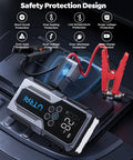 Jump Starter With Air Compressor 4000A Peak Portable Car Battery Booster showing safety features and digital display in use.