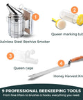 Beekeeping Starter Kit With Smoke Tool And Full Hive Essentials showing stainless steel bee smoker, queen marking tube, and honey harvest knife.