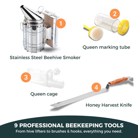 Beekeeping Starter Kit With Smoke Tool And Full Hive Essentials showing stainless steel bee smoker, queen marking tube, and honey harvest knife.