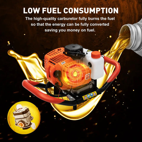 Gas Powered 52cc Earth Auger Post Hole Digger With 12 Inch Extension Bar showing low fuel consumption feature