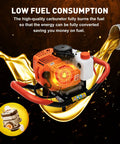 Beefy 52cc Gas Powered Post Hole Digger with carburetor highlighted, low fuel consumption feature, oil background