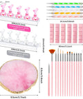 All-In-One Nail Art Kit With 24Pcs Tools, pink and white nail stands, resin palette, dotting tools, and brushes displayed