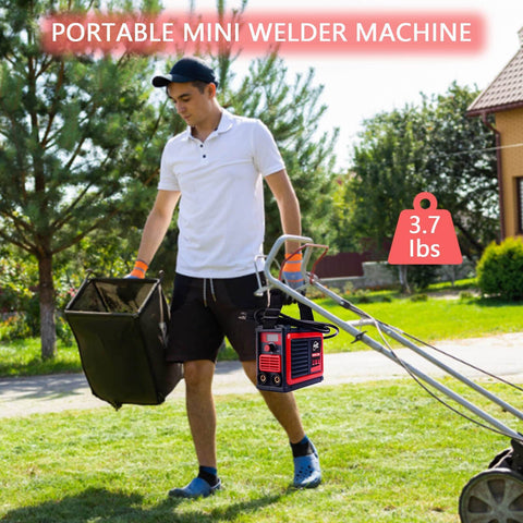 Upgraded MMA-250A 110V Portable Stick Welder With IGBT Inverter in a garden setting, person holding it next to lawnmower, 3.7 lbs.