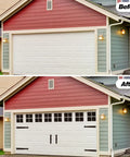 Before and after of garage door using Magnetic Garage Door Decoration Kit With 32 Faux Windows 4 Faux Hinges And 2 Handles For Two Cars