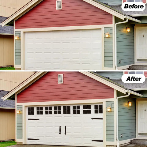 Before and after of garage door using Magnetic Garage Door Decoration Kit With 32 Faux Windows 4 Faux Hinges And 2 Handles For Two Cars
