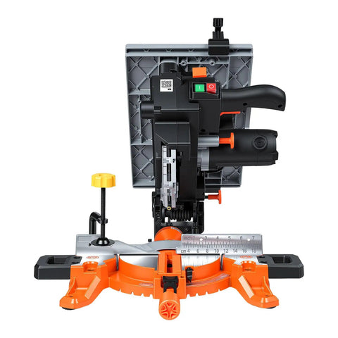 Back view of Two-In-One Miter And Table Saw With 8-1/4 Inch Blade, Precision Laser Alignment, splash guard, adjustable angles at 0°